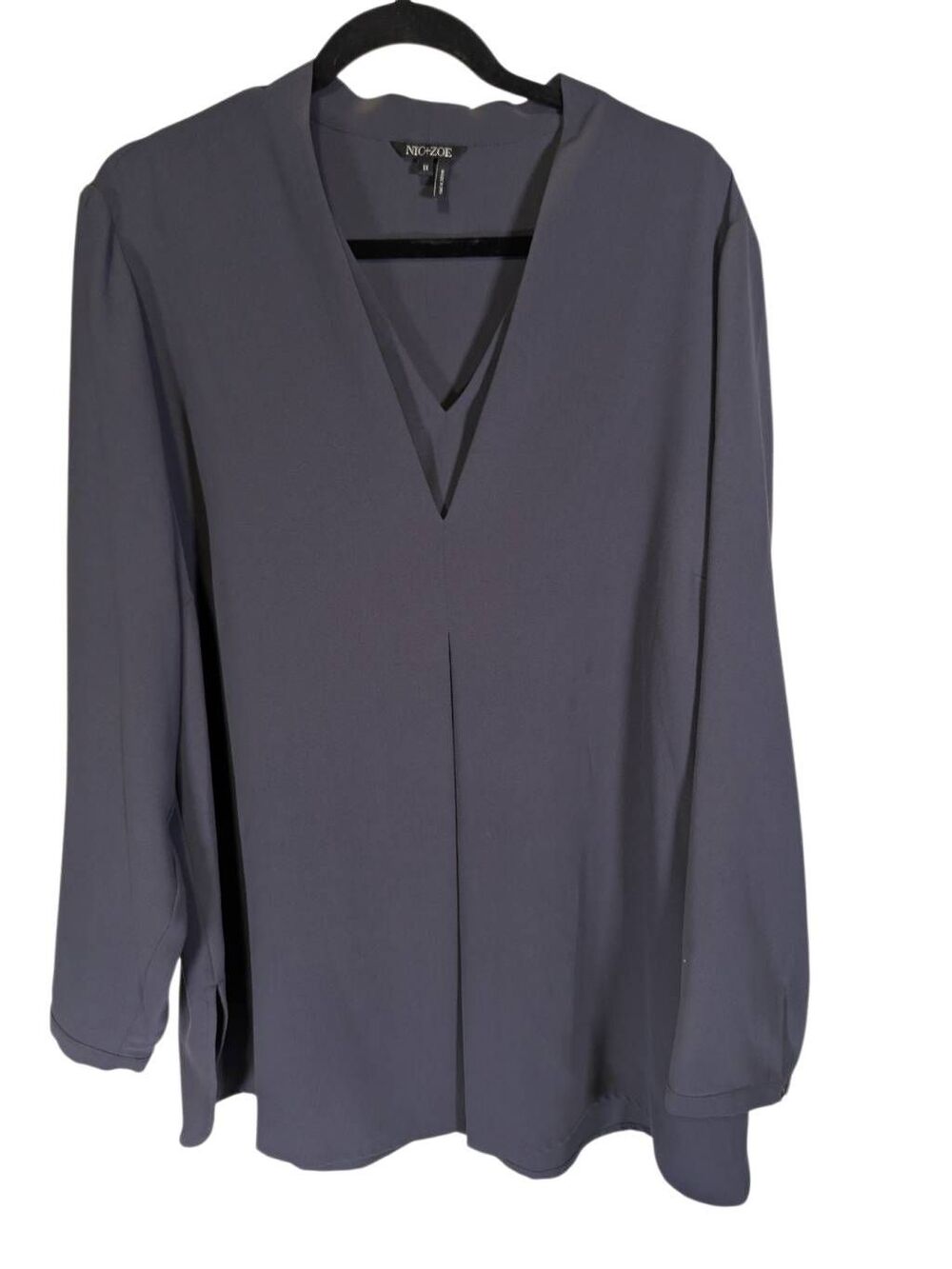 Nic+Zoe Endless Empire Matte Gray, long-sleeve V-neck blouse with a fluid drape
